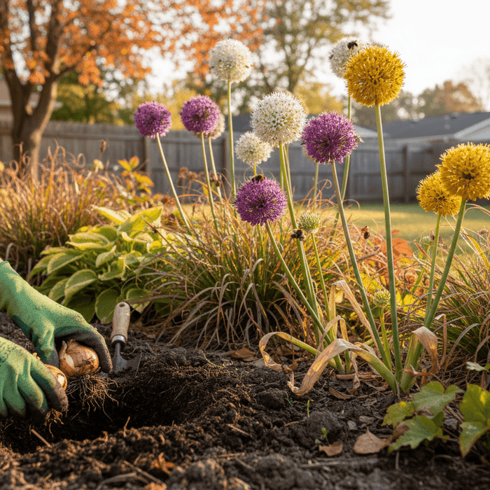Planting allium bulbs in fall for vibrant spring blooms in a backyard garden