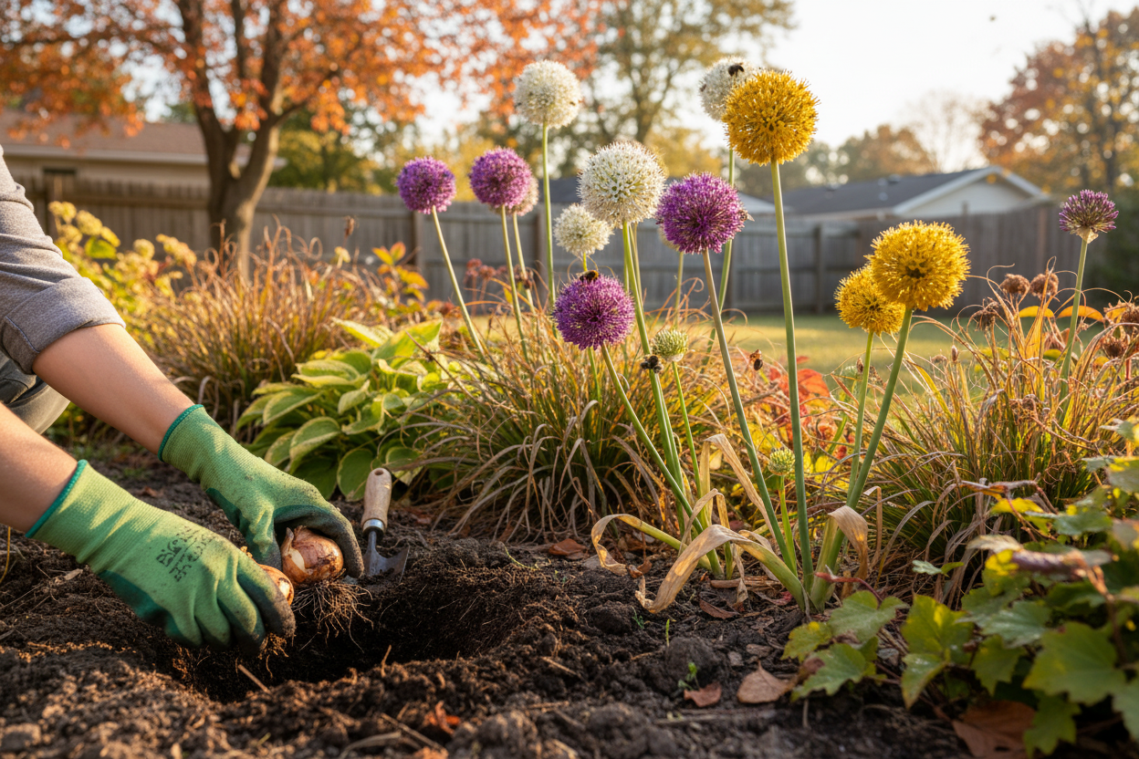 Planting allium bulbs in fall for vibrant spring blooms in a backyard garden