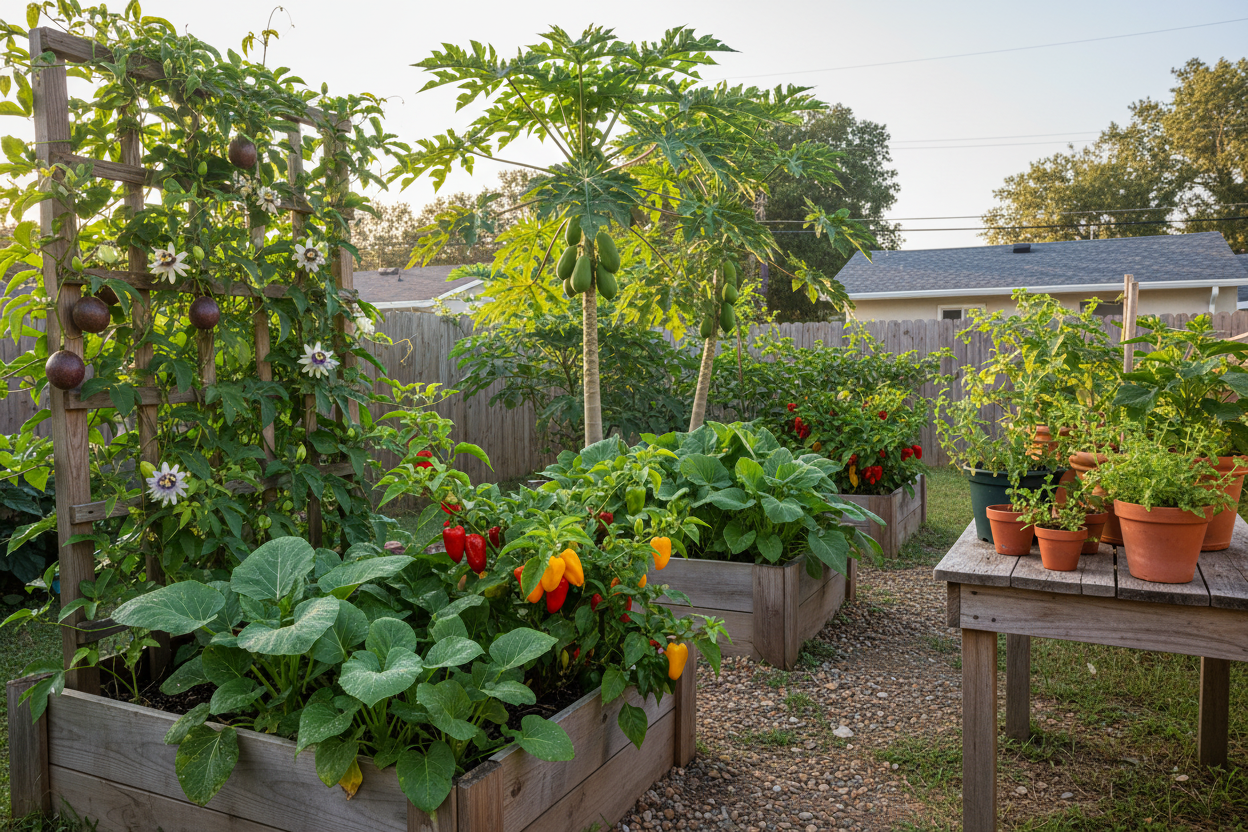 Lush backyard beds showcase caribbean garden seeds with tropical vegetables and fruits for home gardeners