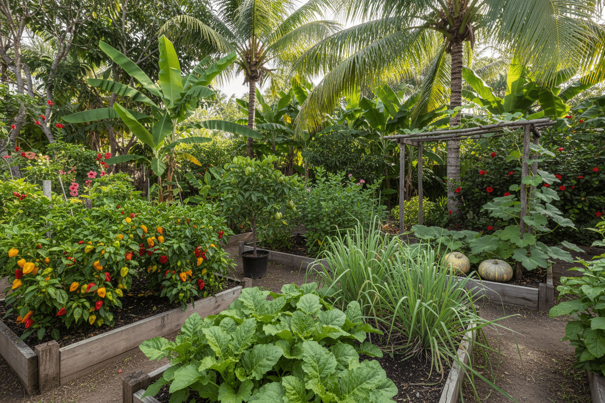 Lush backyard garden with tropical plants grown from caribbean seeds for home gardeners and growers
