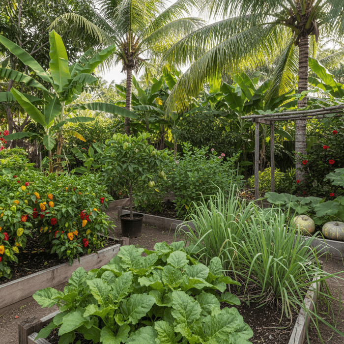 Lush backyard garden with tropical plants grown from caribbean seeds for home gardeners and growers