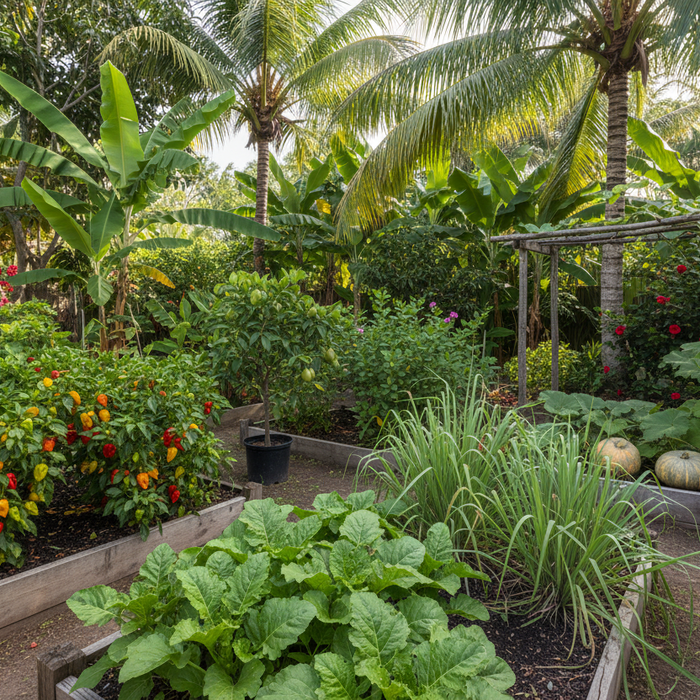 Lush backyard garden with tropical plants grown from caribbean seeds for home gardeners and growers