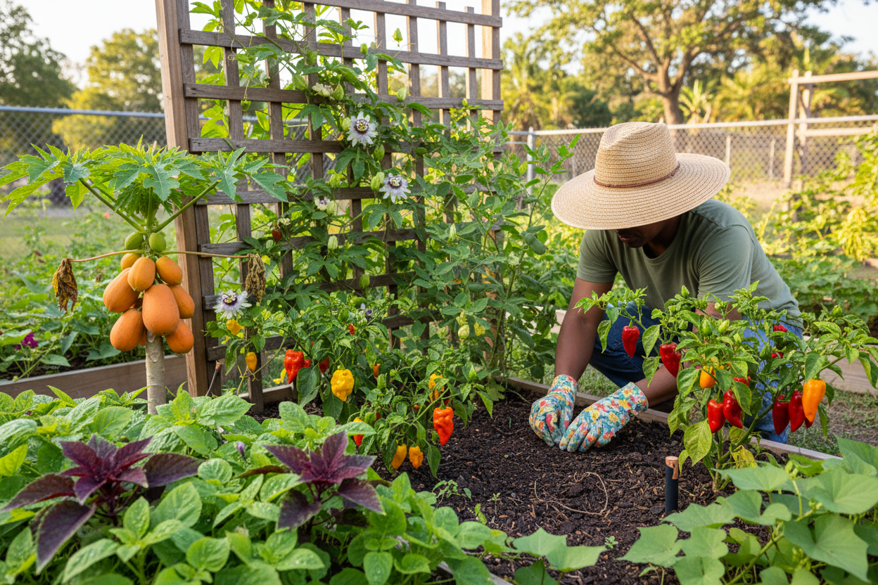 Home gardener planting caribbean seeds in a vibrant backyard garden with tropical plants and peppers