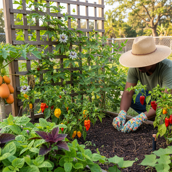 Home gardener planting caribbean seeds in a vibrant backyard garden with tropical plants and peppers