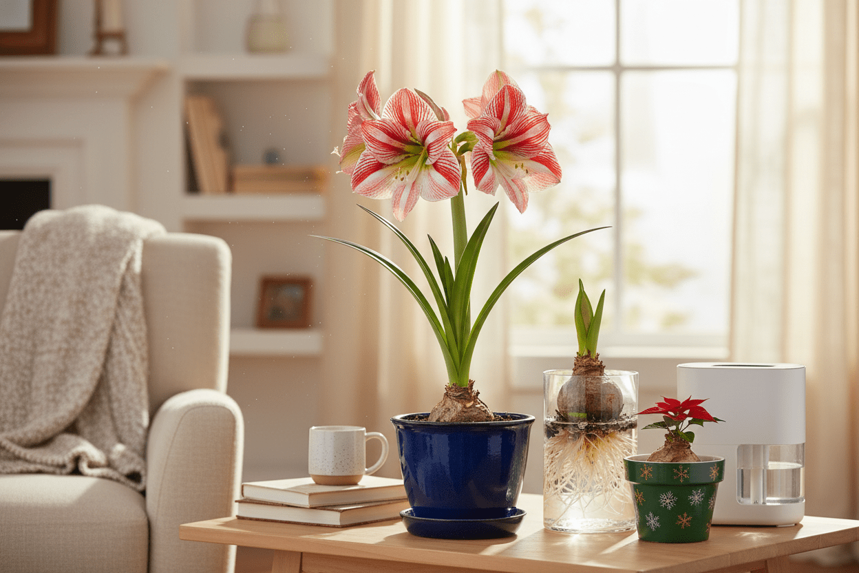 Bright living room scene showing growing amaryllis indoors in pots, perfect for home gardeners and indoor plant inspiration