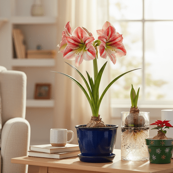 Bright living room scene showing growing amaryllis indoors in pots, perfect for home gardeners and indoor plant inspiration