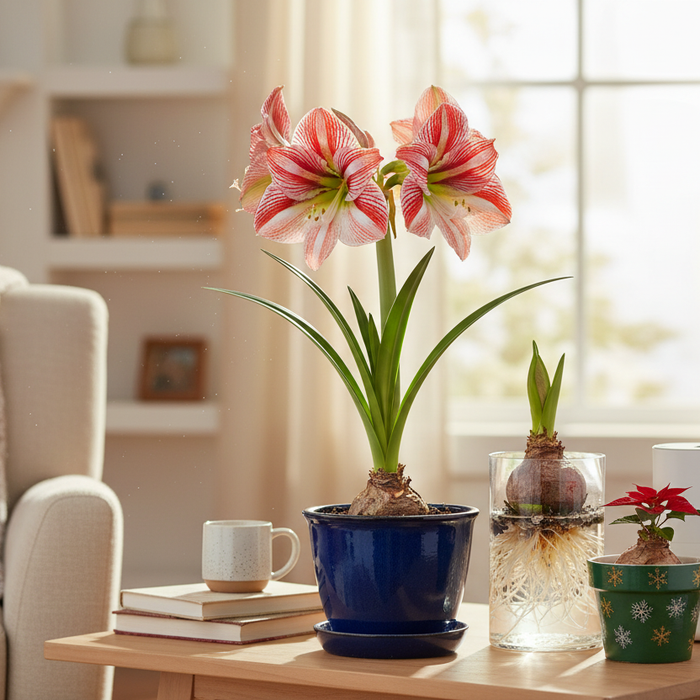Bright living room scene showing growing amaryllis indoors in pots, perfect for home gardeners and indoor plant inspiration