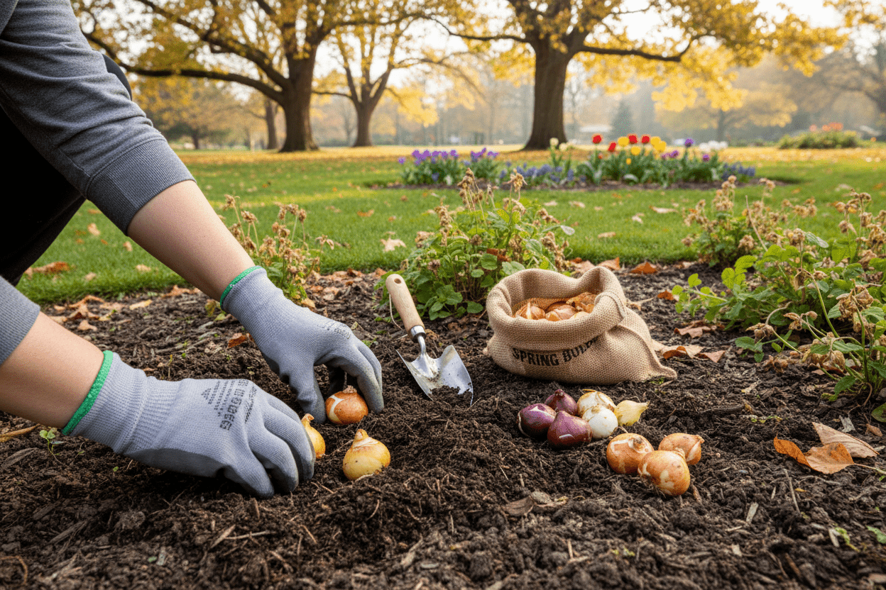 Fall planting bulbs in a backyard garden for vibrant spring blooms and gardening inspiration