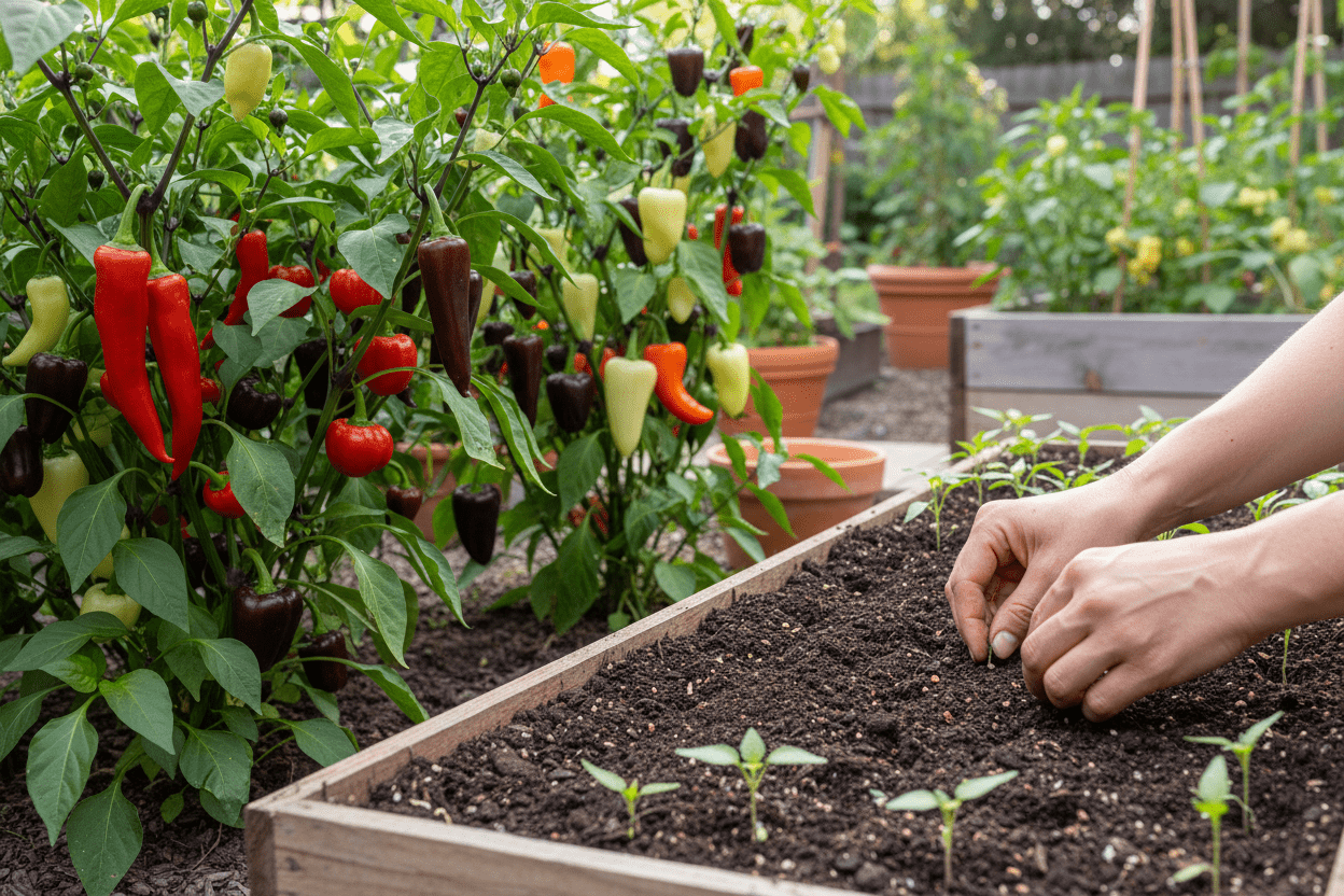 Planting growing pepper seed in a backyard garden bed for a vibrant home harvest