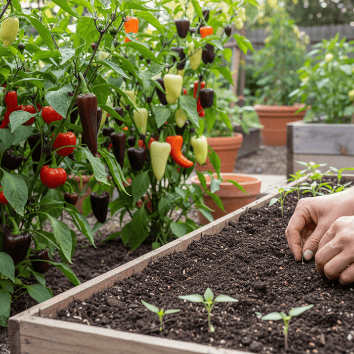 Planting growing pepper seed in a backyard garden bed for a vibrant home harvest