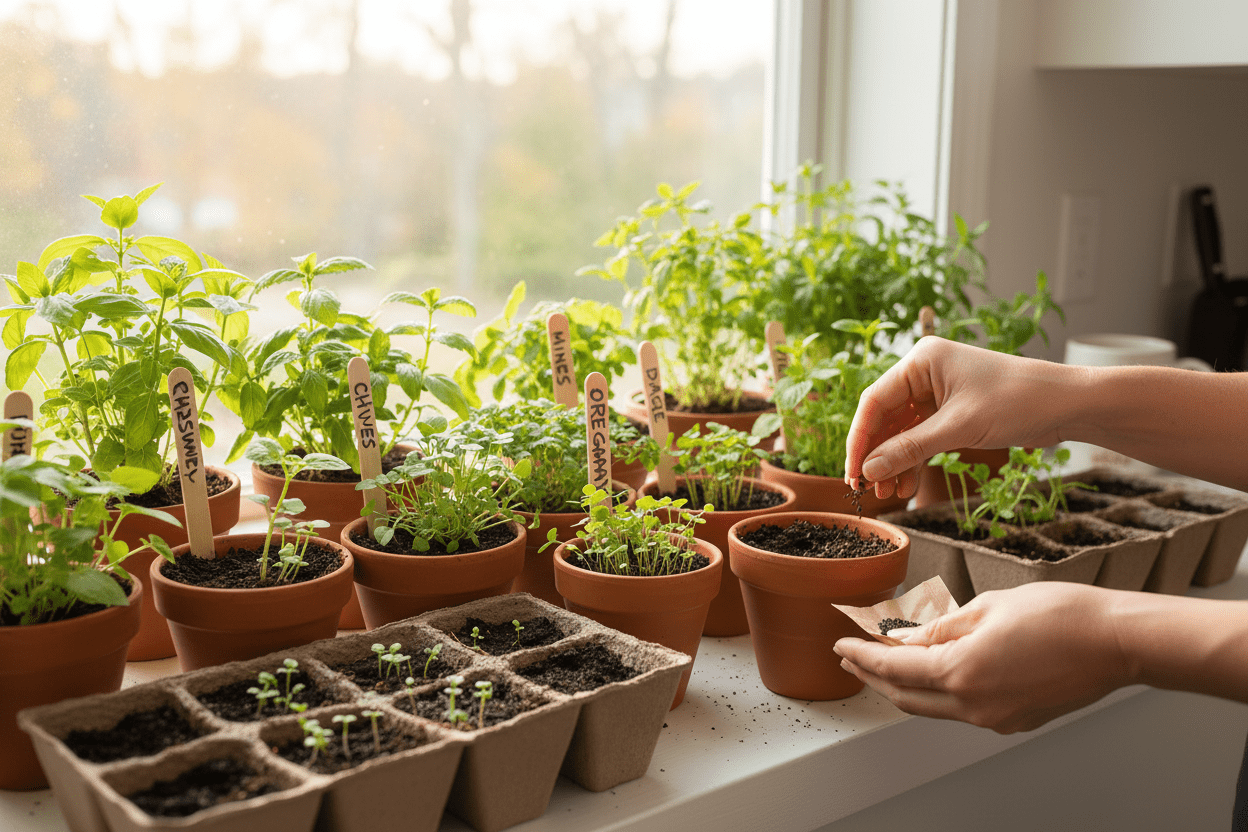 Growing herbs from seeds in pots on a sunny windowsill for a thriving home garden setup