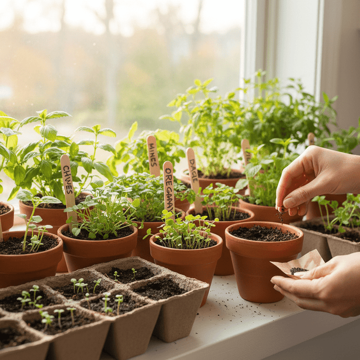 Growing herbs from seeds in pots on a sunny windowsill for a thriving home garden setup