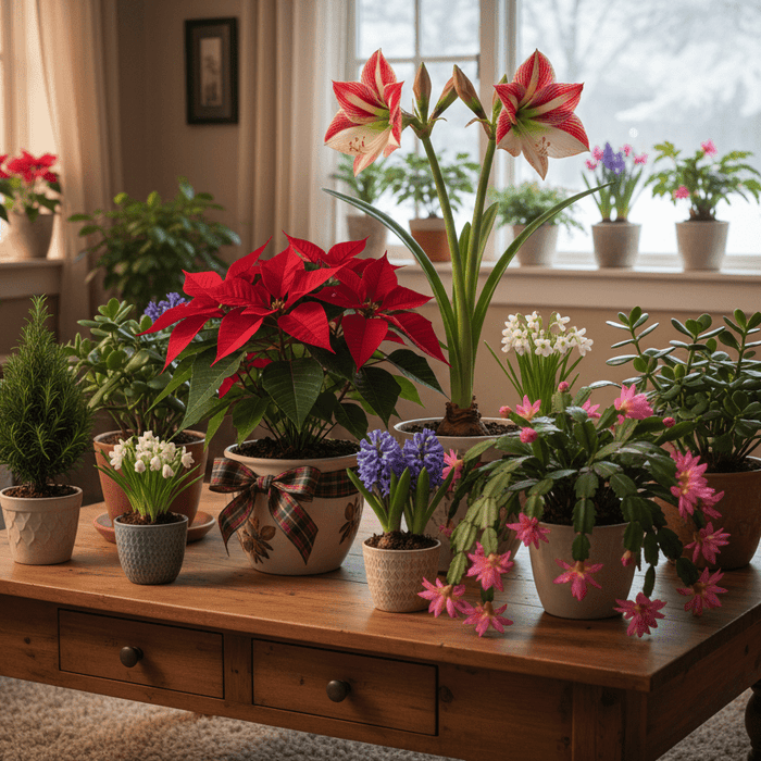 Festive holiday indoor plants displayed on a wooden table for cozy seasonal home garden inspiration