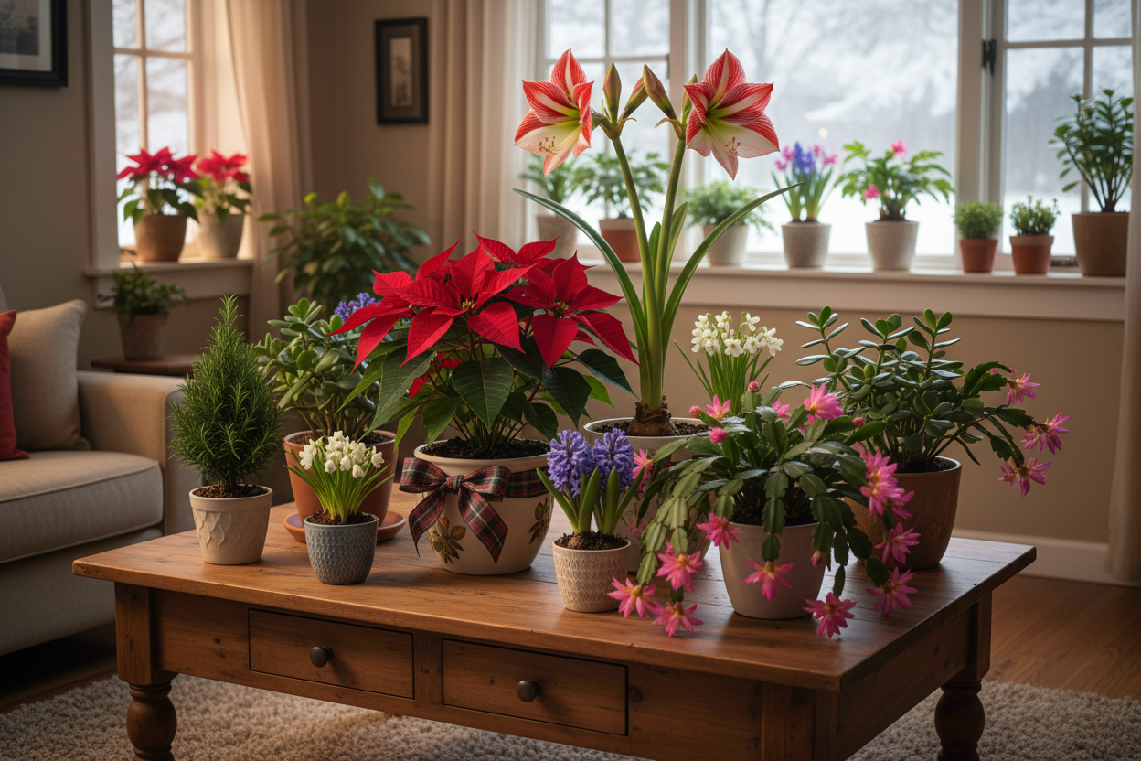 Festive holiday indoor plants displayed on a wooden table for cozy seasonal home garden inspiration