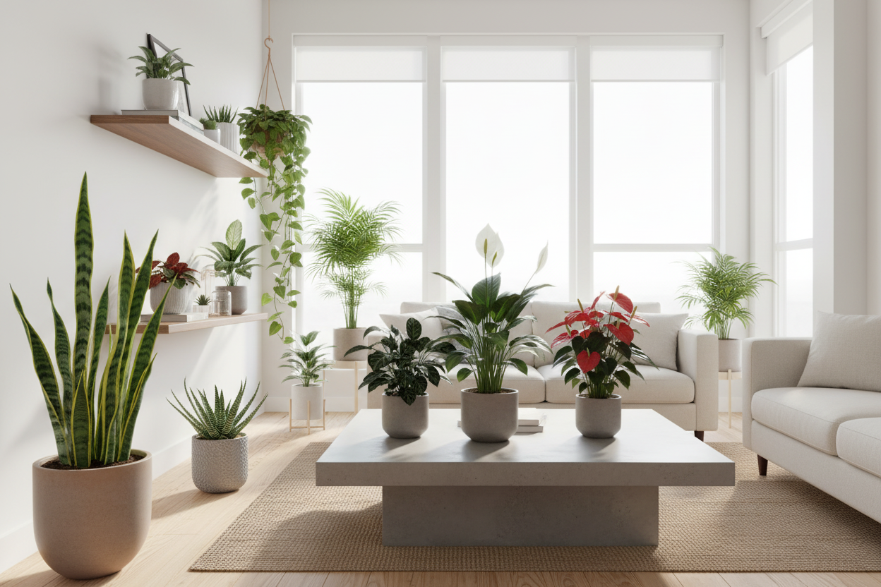 Bright living room filled with lush potted plants showcasing tips for growing ornamental plants indoors