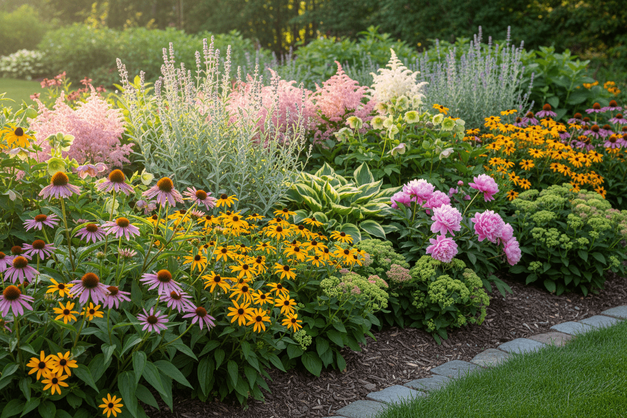 Colorful perennial flower planting guide for a vibrant backyard garden with coneflowers and peonies