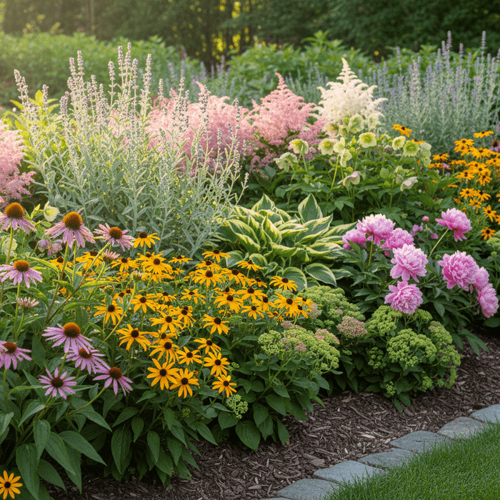 Colorful perennial flower planting guide for a vibrant backyard garden with coneflowers and peonies