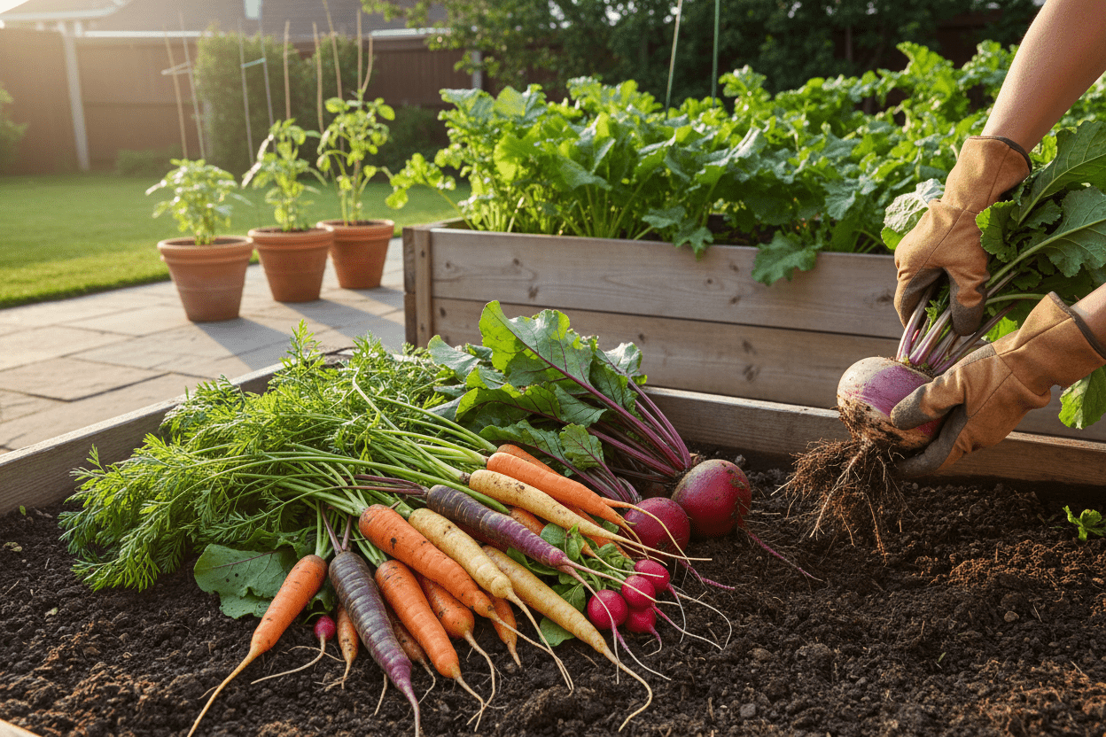 Freshly harvested root vegetables from a backyard garden bed inspire home growers to plant their own