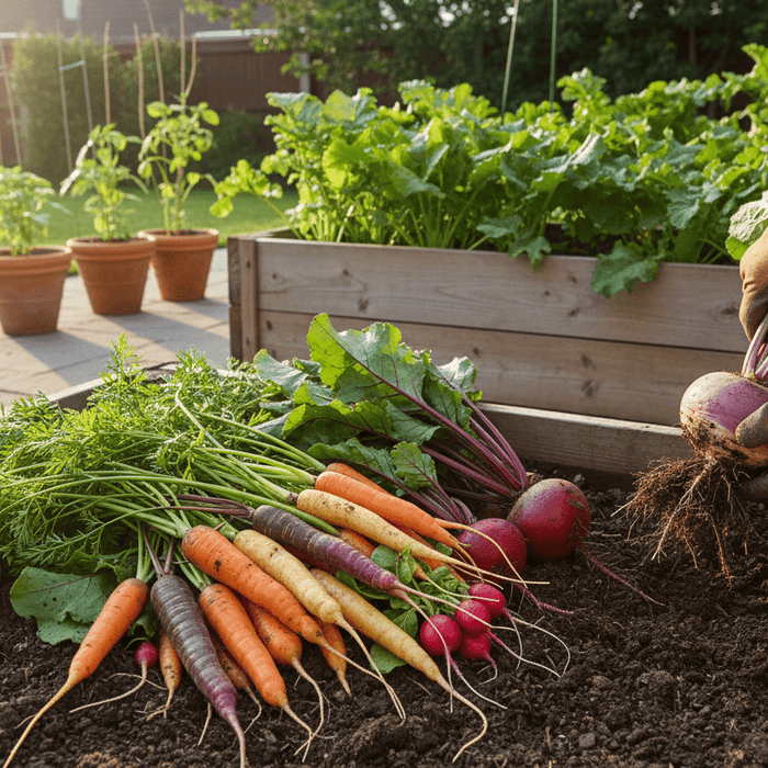 Freshly harvested root vegetables from a backyard garden bed inspire home growers to plant their own