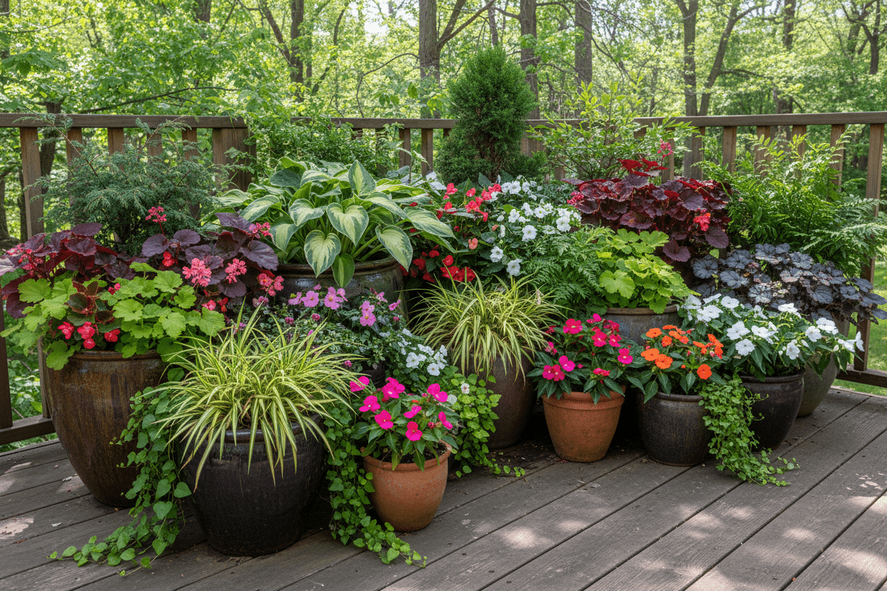 Colorful shade loving plants for containers arranged on a patio deck for home garden inspiration