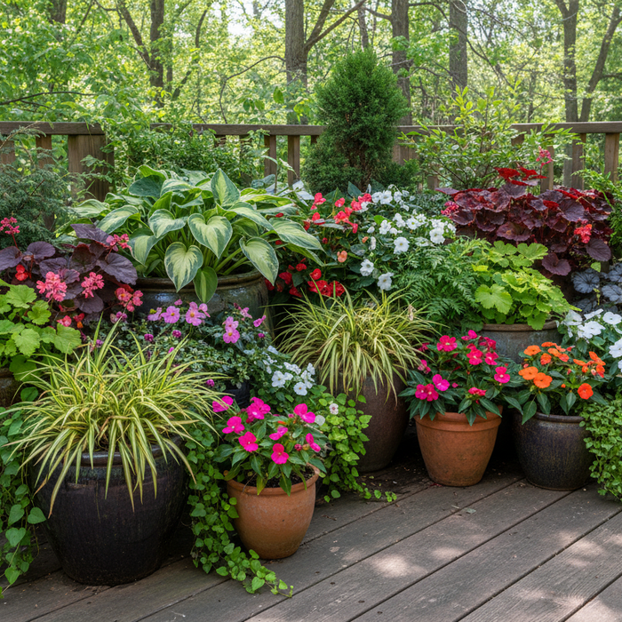 Colorful shade loving plants for containers arranged on a patio deck for home garden inspiration