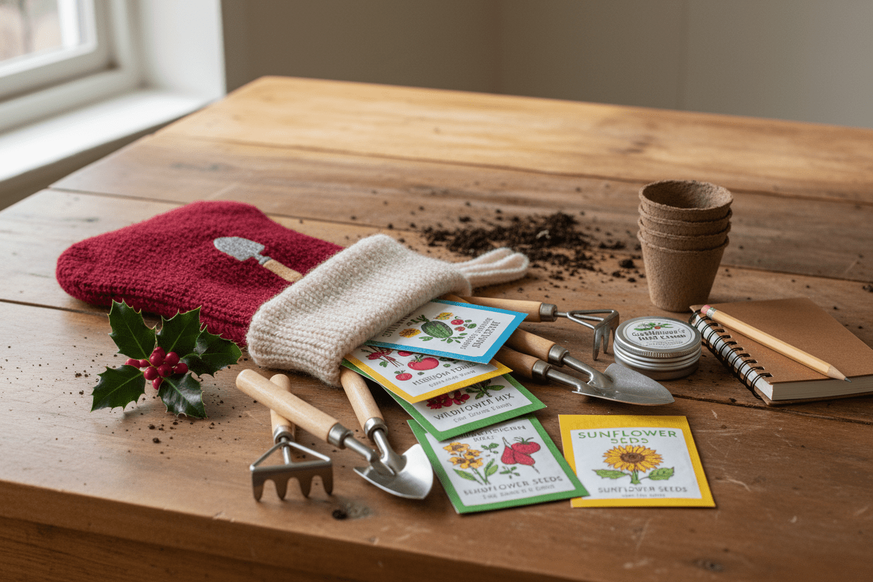 Gardening stocking stuffer ideas with seed packets, mini tools, pots, and notebooks for home gardeners
