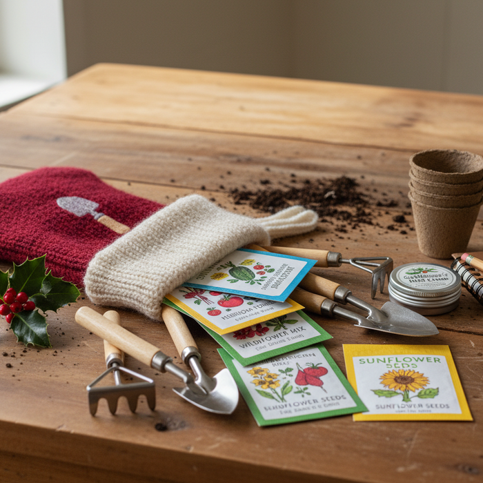 Gardening stocking stuffer ideas with seed packets, mini tools, pots, and notebooks for home gardeners