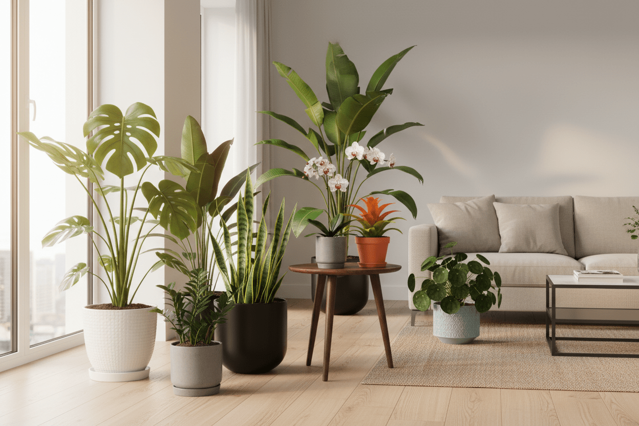 Lush living room filled with tropical foliage showcases growing exotic plants at home for vibrant decor