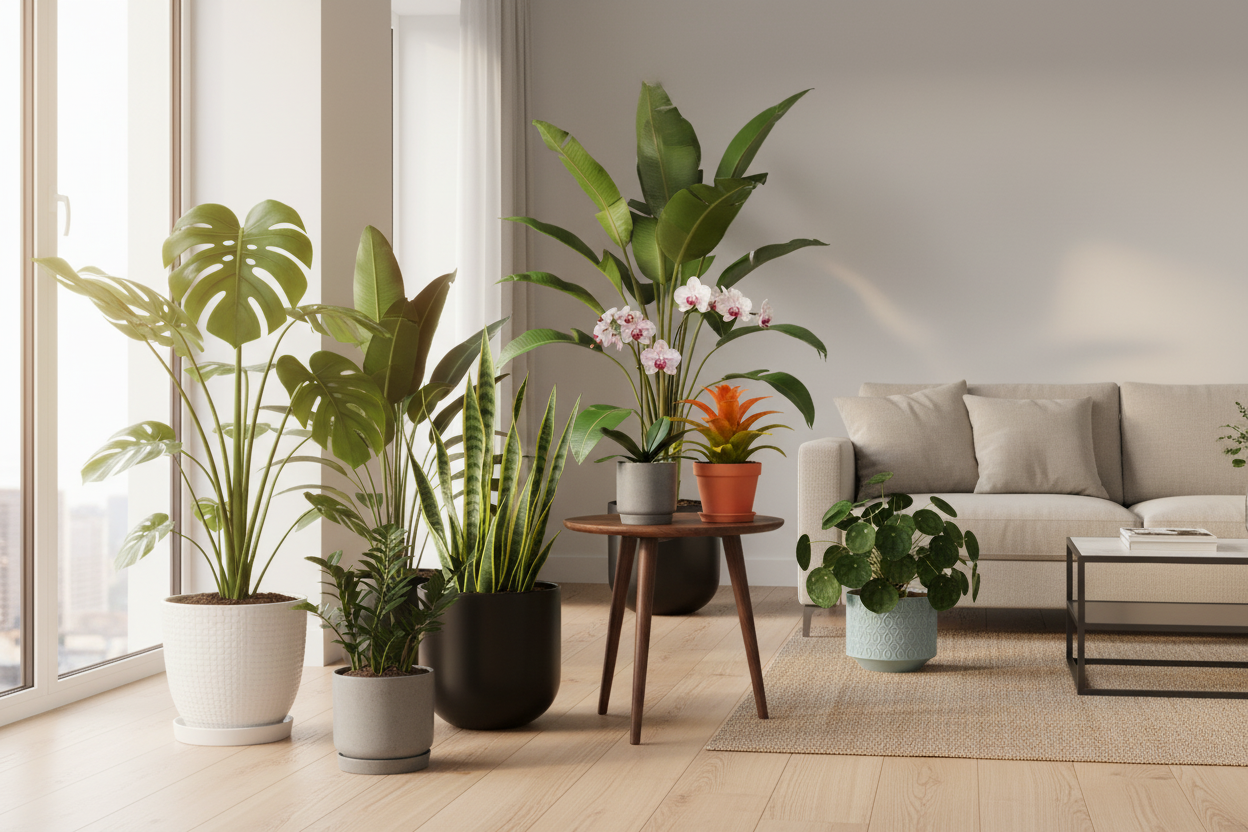 Lush living room filled with tropical foliage showcases growing exotic plants at home for vibrant decor