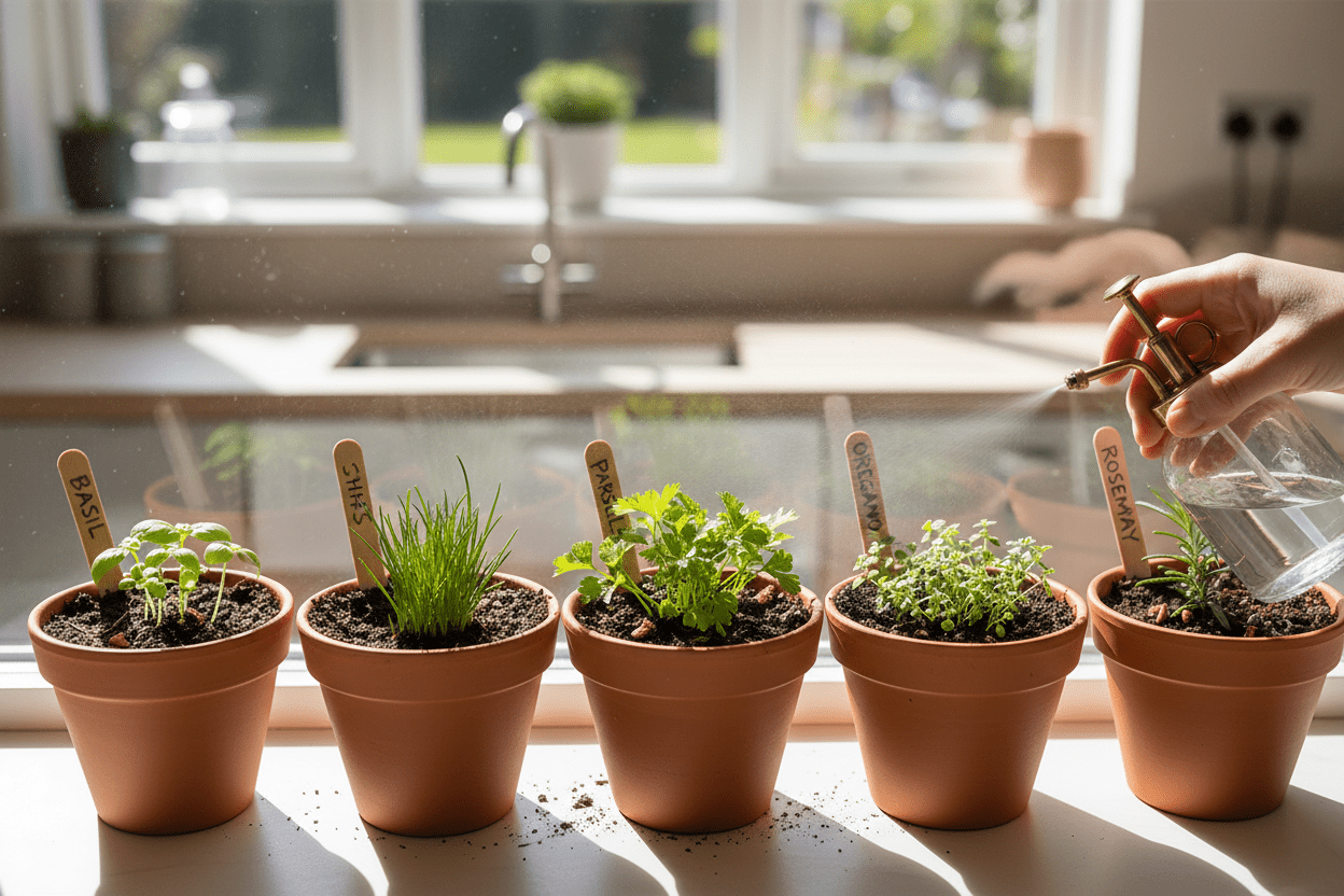 Growing herbs from seeds indoors with potted basil, chives, parsley, oregano, and rosemary on a sunny windowsill