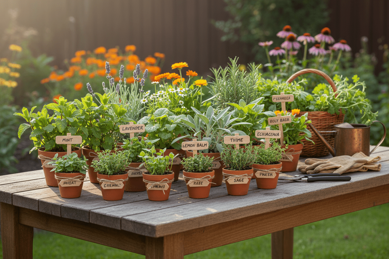 Medicinal herb growing guide for home gardeners with labeled potted herbs on a sunny garden table