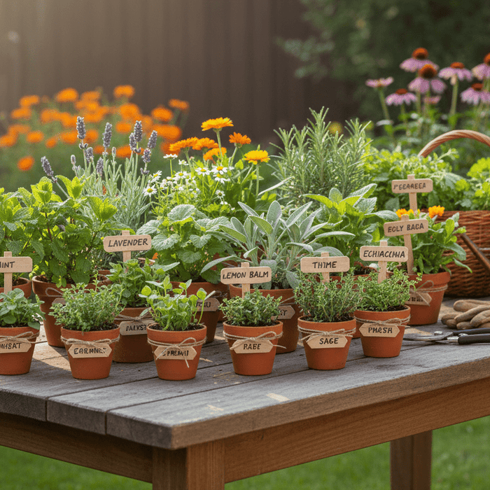 Medicinal herb growing guide for home gardeners with labeled potted herbs on a sunny garden table