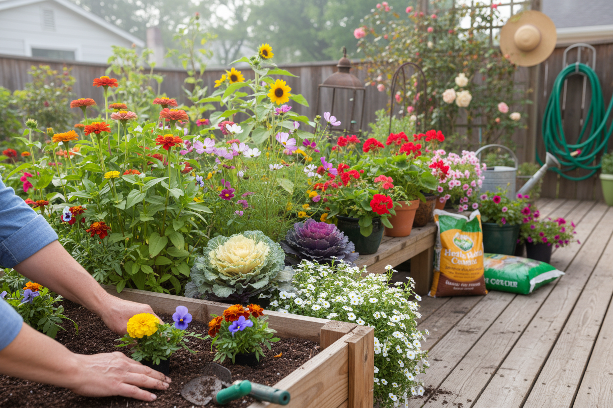 Colorful backyard garden beds with vibrant blooms showing growing seasonal flowers at home for beginners