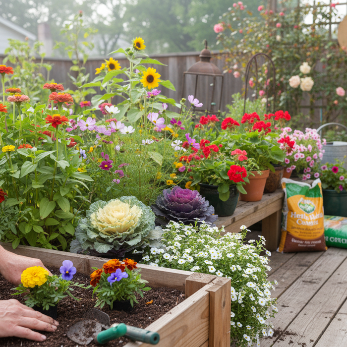 Colorful backyard garden beds with vibrant blooms showing growing seasonal flowers at home for beginners
