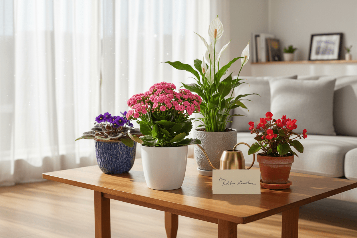 Easy flowering plants gifts arranged on a coffee table, perfect for home gardeners and patio decor ideas