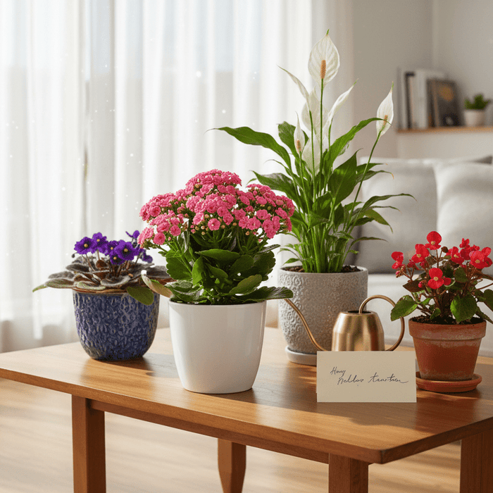 Easy flowering plants gifts arranged on a coffee table, perfect for home gardeners and patio decor ideas