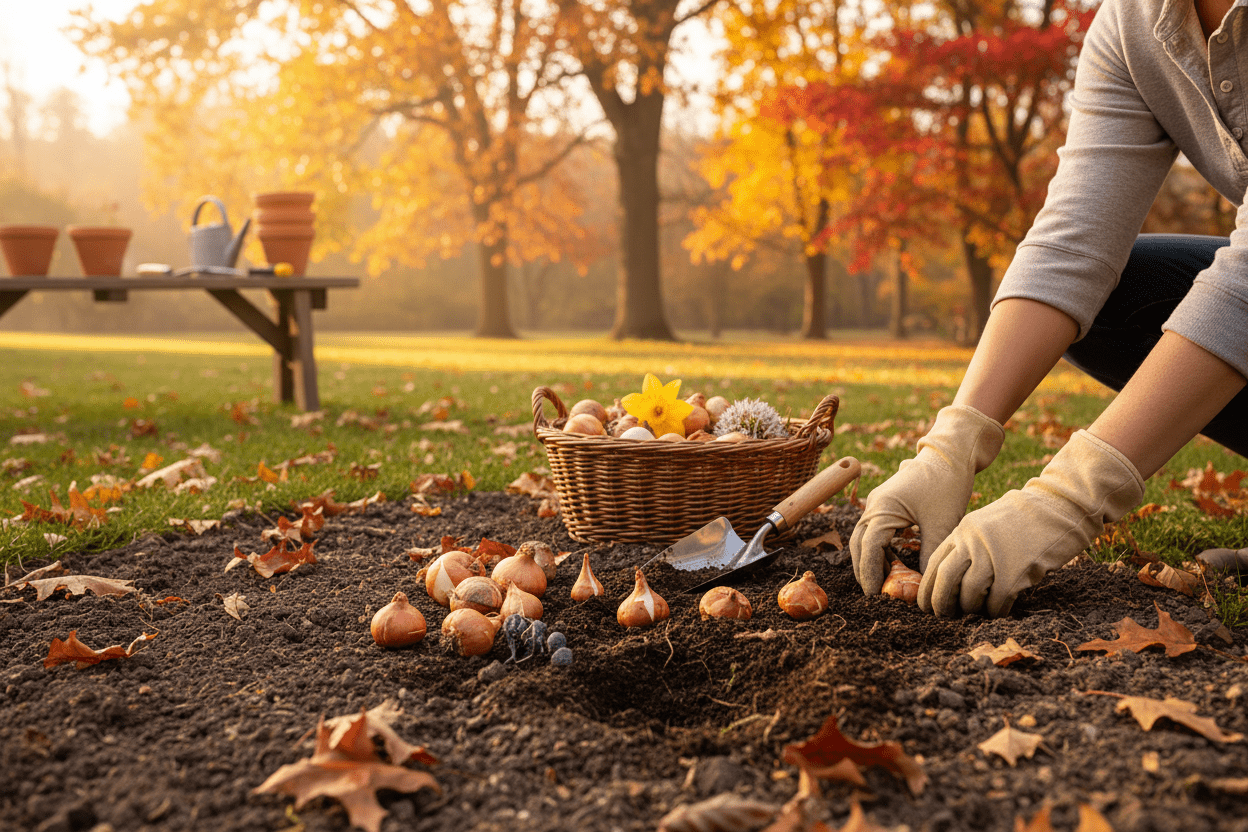 Gardener planting fall planting bulbs in autumn garden soil for vibrant spring blooms