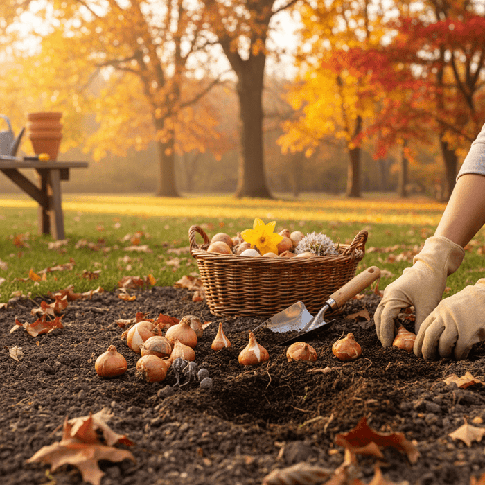 Gardener planting fall planting bulbs in autumn garden soil for vibrant spring blooms
