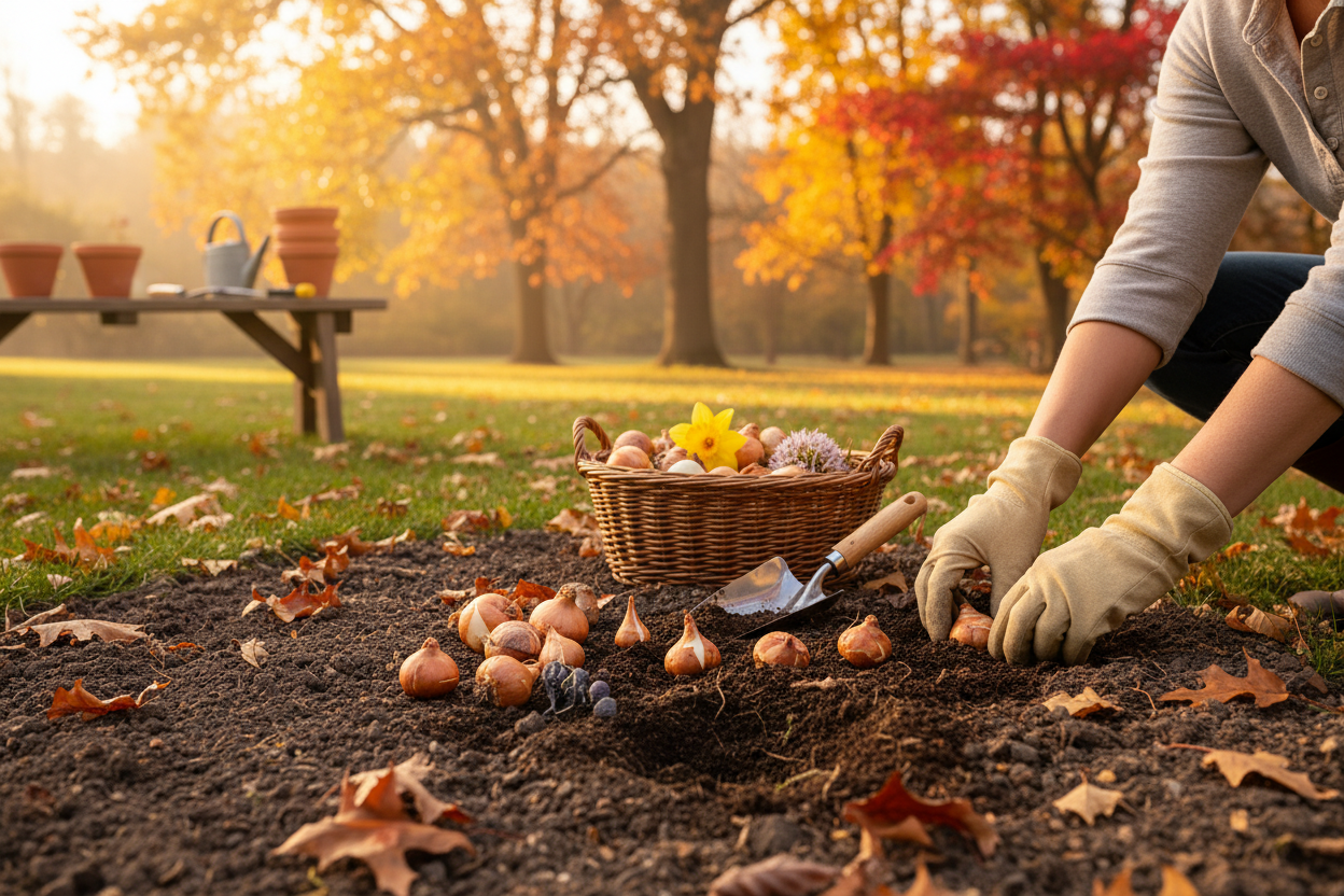 Gardener planting fall planting bulbs in autumn garden soil for vibrant spring blooms