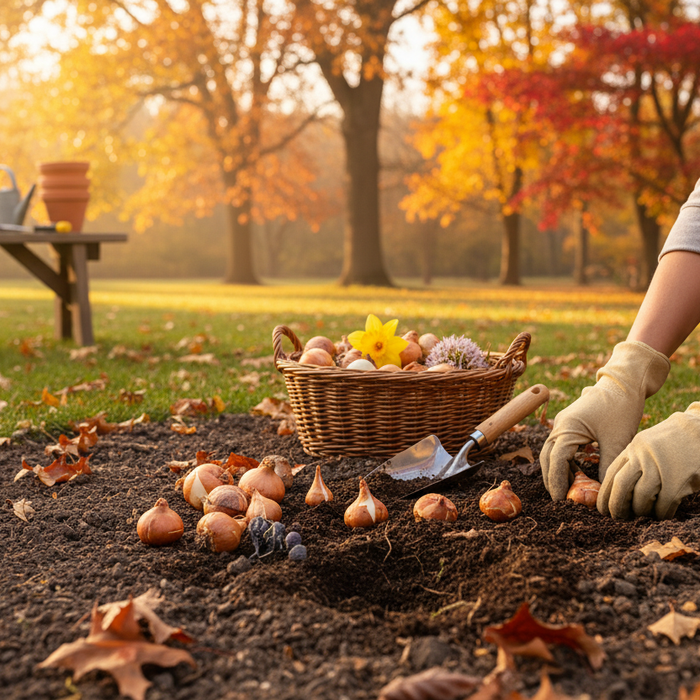 Gardener planting fall planting bulbs in autumn garden soil for vibrant spring blooms