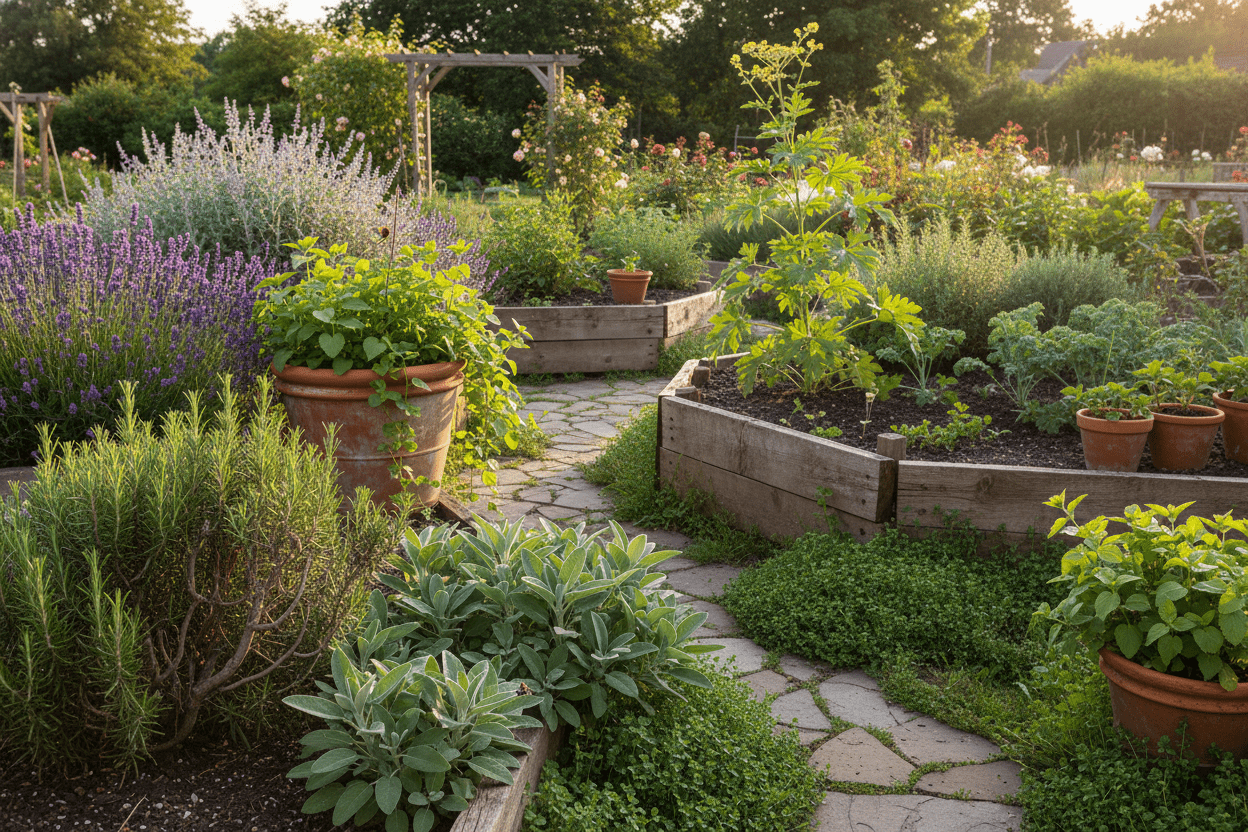 Perennial herb gardening in raised beds with lush herbs and flowers for a thriving backyard garden