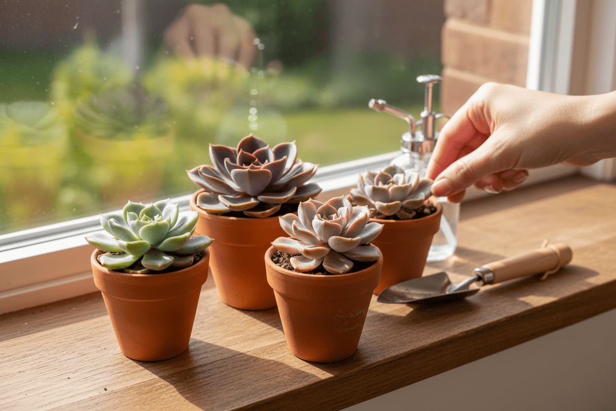 Succulent growing tips for healthy indoor plants in terracotta pots on a sunny windowsill