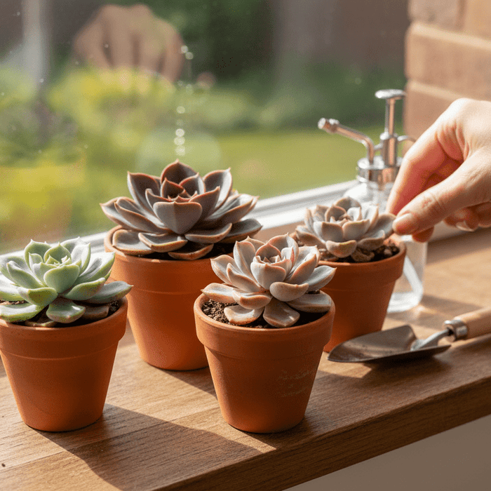 Succulent growing tips for healthy indoor plants in terracotta pots on a sunny windowsill