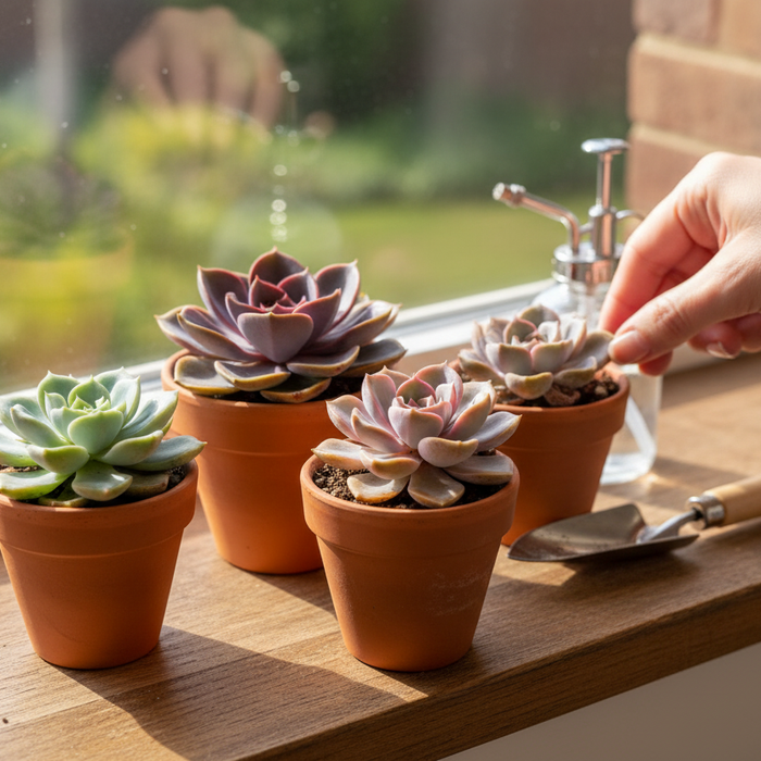 Succulent growing tips for healthy indoor plants in terracotta pots on a sunny windowsill