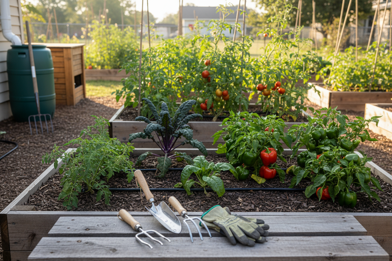 Raised beds with thriving vegetables and tools showcasing organic vegetable gardening tips for home gardeners