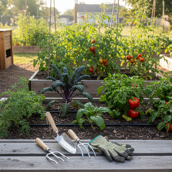 Raised beds with thriving vegetables and tools showcasing organic vegetable gardening tips for home gardeners