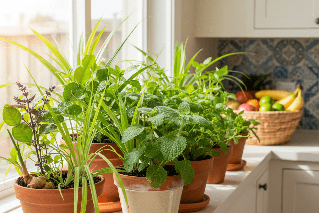 Potted plants thriving by a sunny window offer inspiration for growing tropical herbs at home