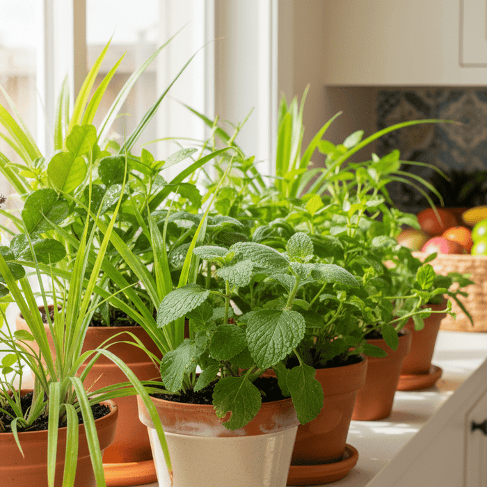 Potted plants thriving by a sunny window offer inspiration for growing tropical herbs at home