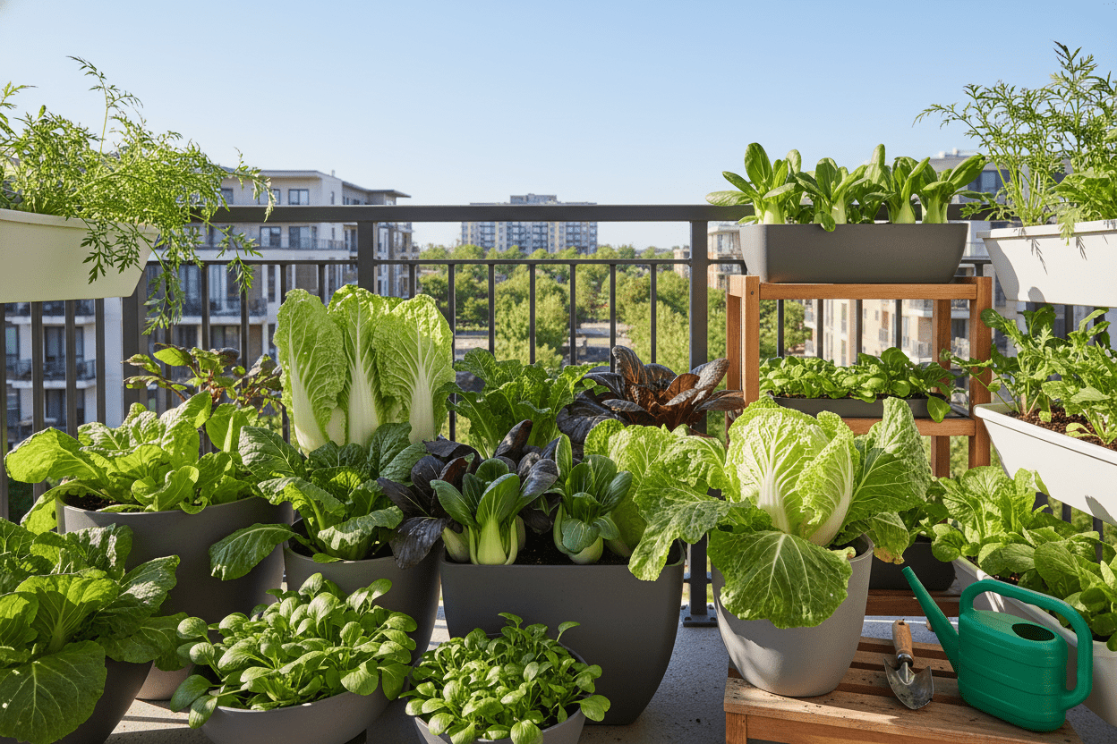 Asian cabbage thriving in patio containers for home gardeners and backyard garden inspiration