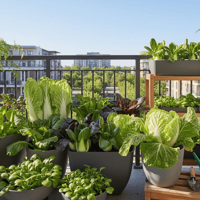 Asian cabbage thriving in patio containers for home gardeners and backyard garden inspiration